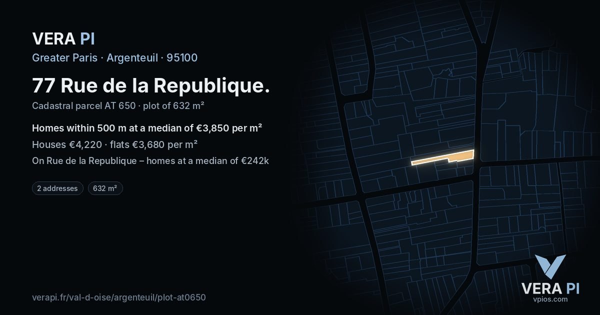 77 Rue de la Republique, Argenteuil at night – the plot lit, the parcels around coloured by the prices near them