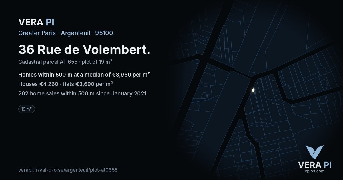 36 Rue de Volembert, Argenteuil at night – the plot lit, the parcels around coloured by the prices near them