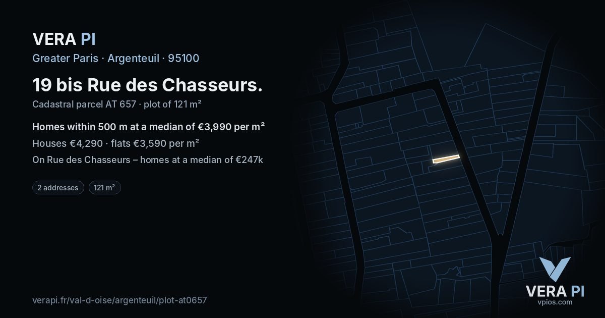 19 bis Rue des Chasseurs, Argenteuil at night – the plot lit, the parcels around coloured by the prices near them