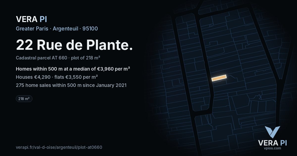22 Rue de Plante, Argenteuil at night – the plot lit, the parcels around coloured by the prices near them