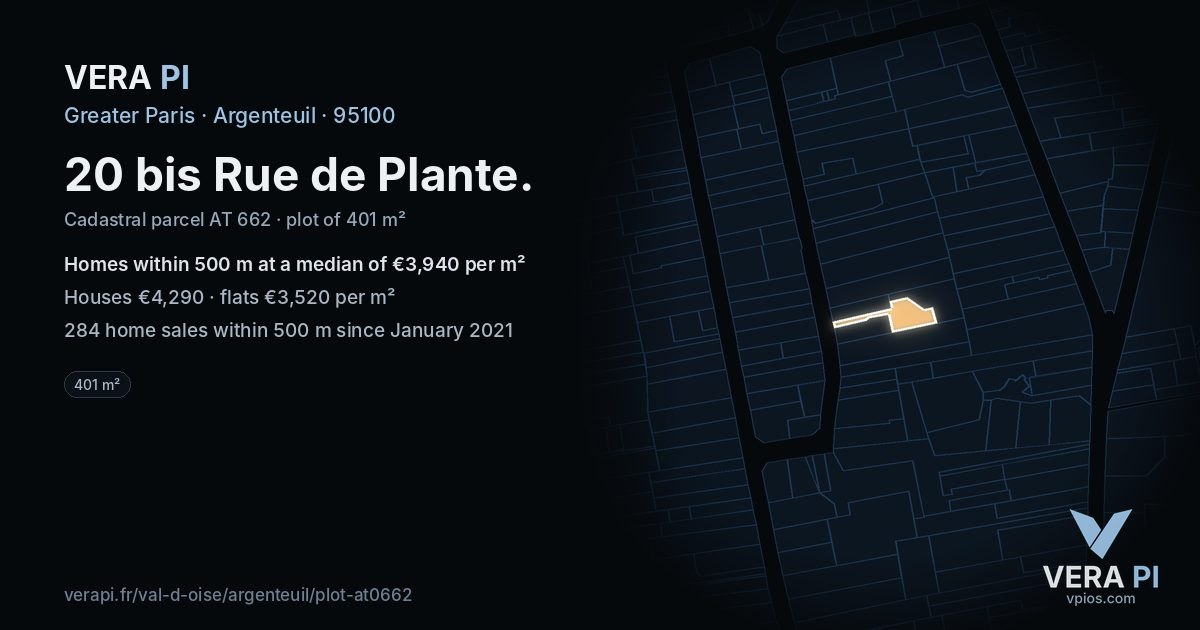 20 bis Rue de Plante, Argenteuil at night – the plot lit, the parcels around coloured by the prices near them