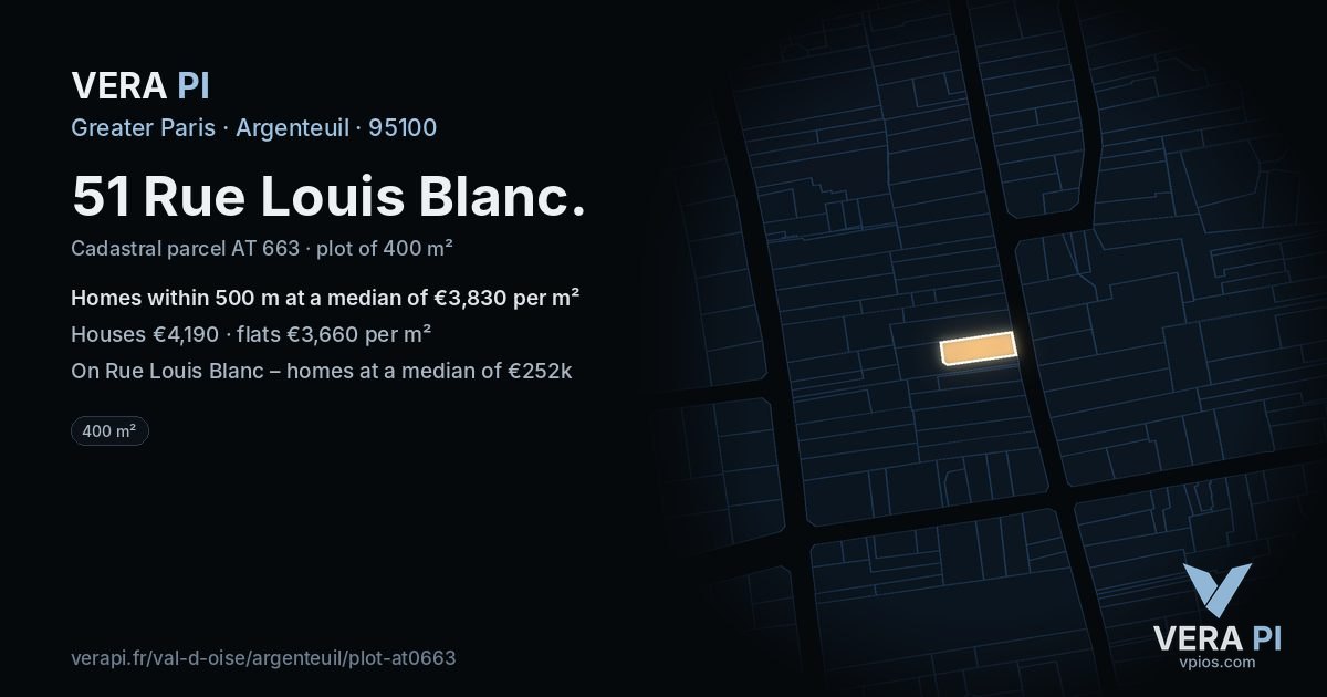 51 Rue Louis Blanc, Argenteuil at night – the plot lit, the parcels around coloured by the prices near them