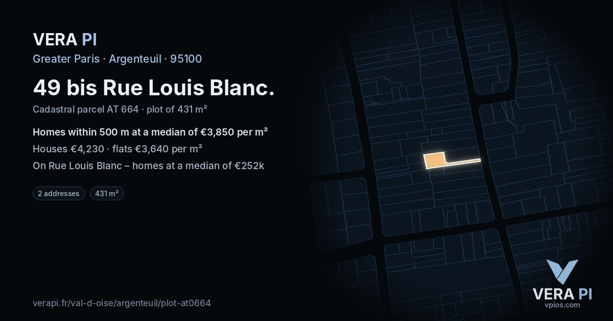 49 bis Rue Louis Blanc, Argenteuil at night – the plot lit, the parcels around coloured by the prices near them