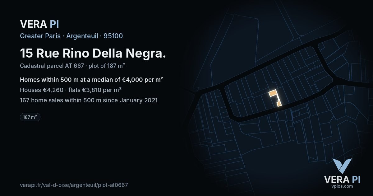 15 Rue Rino Della Negra, Argenteuil at night – the plot lit, the parcels around coloured by the prices near them