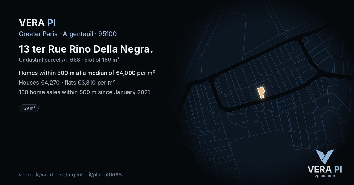 13 ter Rue Rino Della Negra, Argenteuil at night – the plot lit, the parcels around coloured by the prices near them