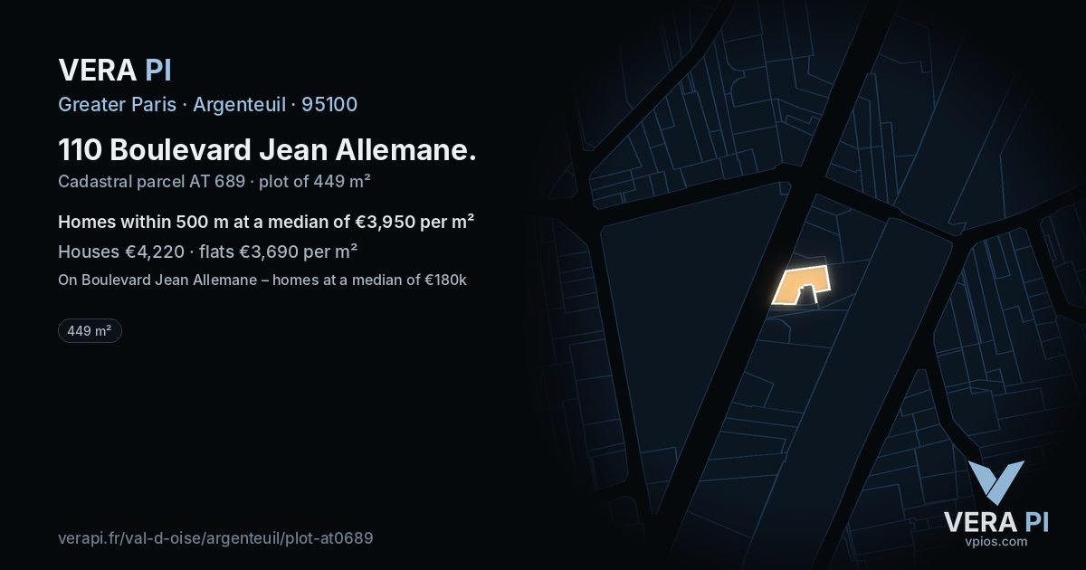 110 Boulevard Jean Allemane, Argenteuil at night – the plot lit, the parcels around coloured by the prices near them
