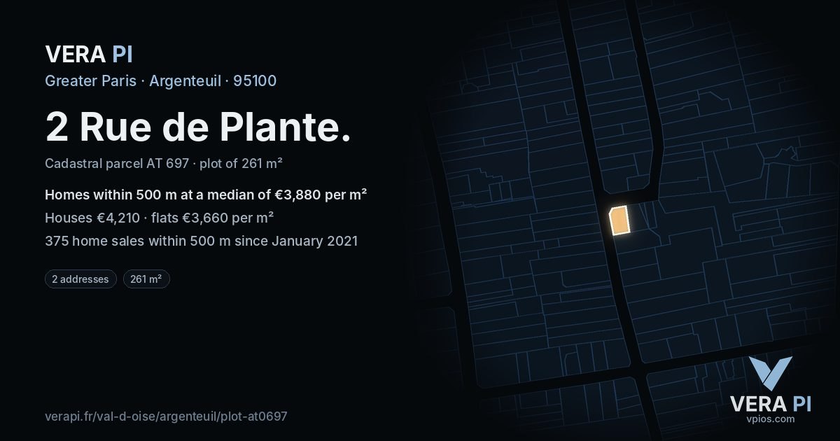 2 Rue de Plante, Argenteuil at night – the plot lit, the parcels around coloured by the prices near them
