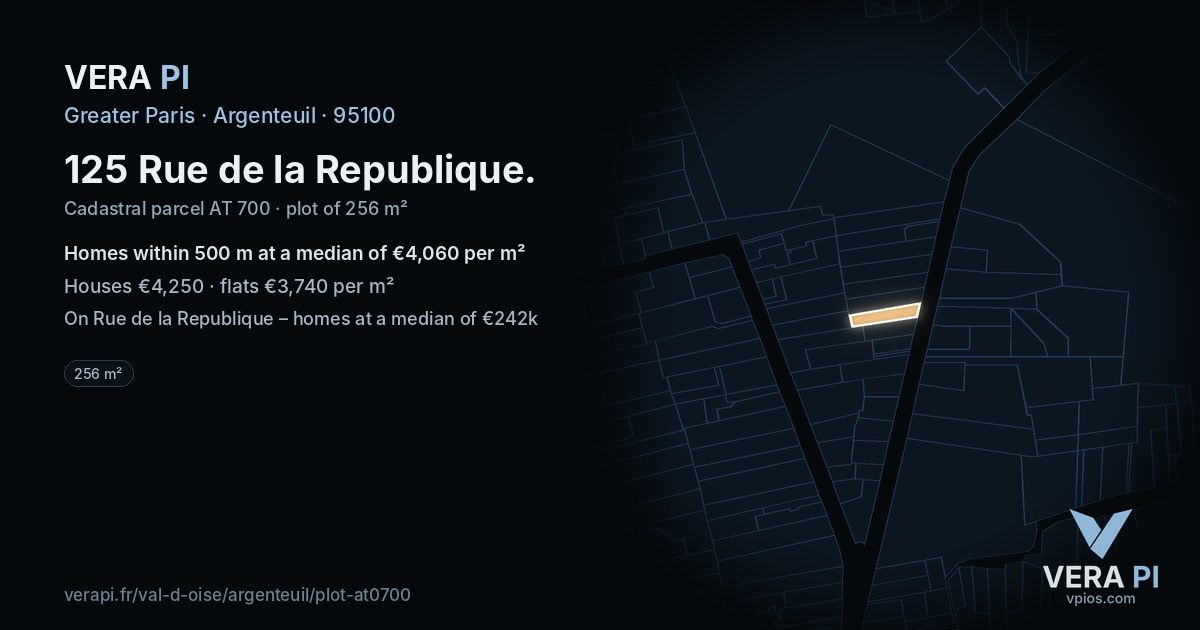125 Rue de la Republique, Argenteuil at night – the plot lit, the parcels around coloured by the prices near them