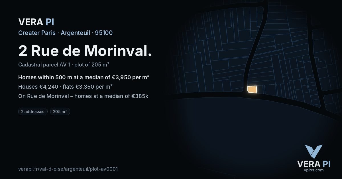 2 Rue de Morinval, Argenteuil at night – the plot lit, the parcels around coloured by the prices near them