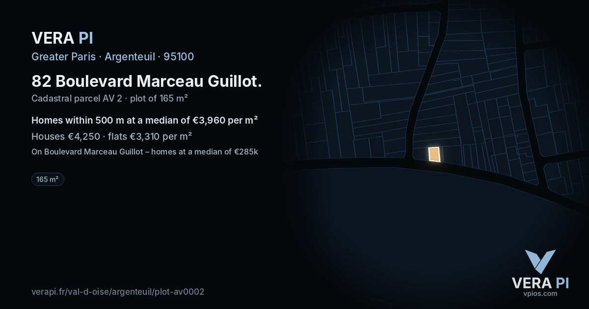 82 Boulevard Marceau Guillot, Argenteuil at night – the plot lit, the parcels around coloured by the prices near them
