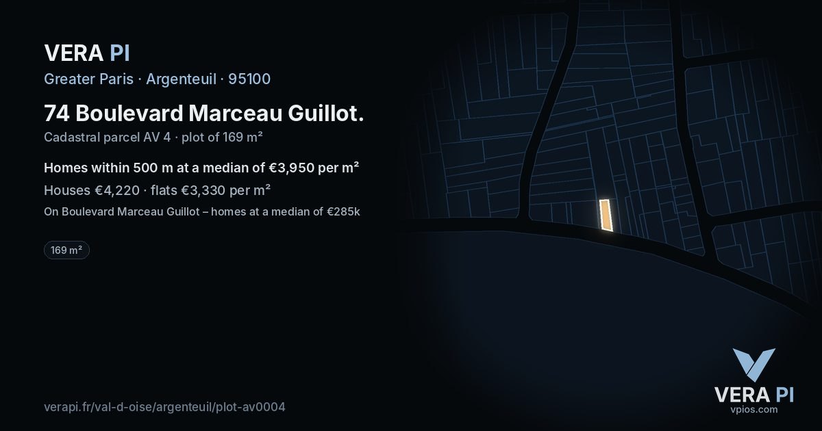 74 Boulevard Marceau Guillot, Argenteuil at night – the plot lit, the parcels around coloured by the prices near them