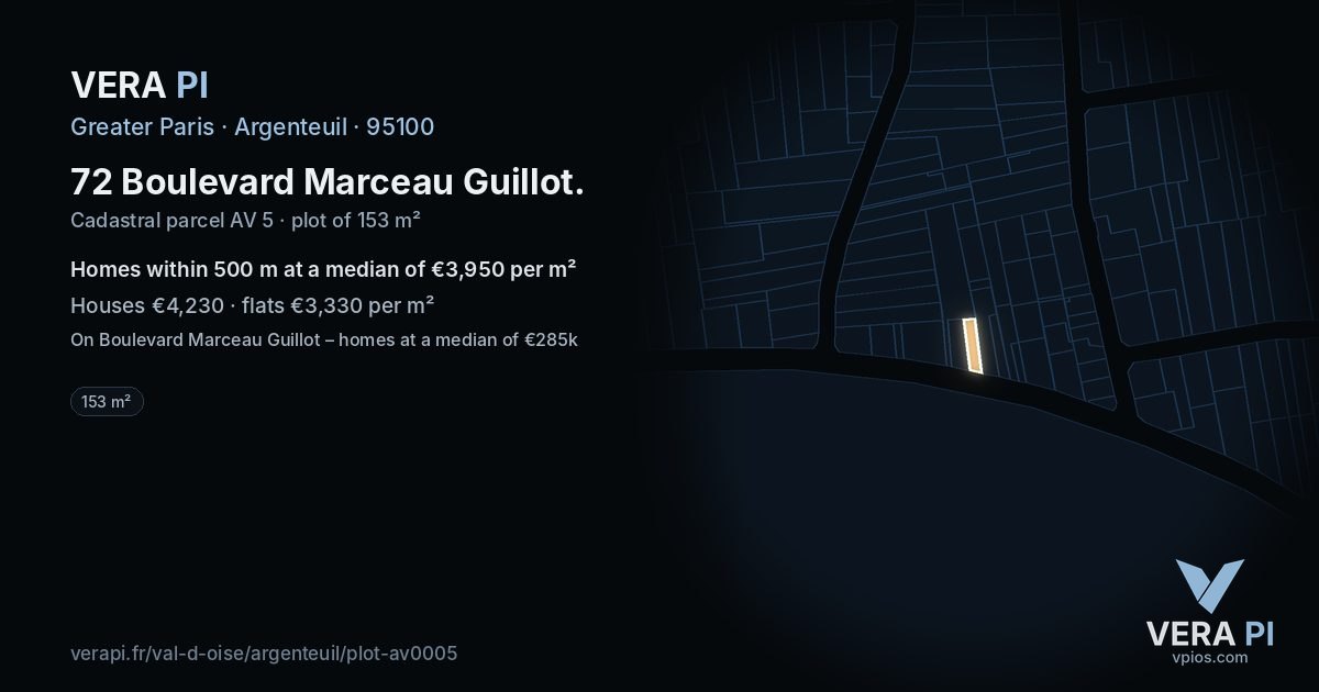 72 Boulevard Marceau Guillot, Argenteuil at night – the plot lit, the parcels around coloured by the prices near them