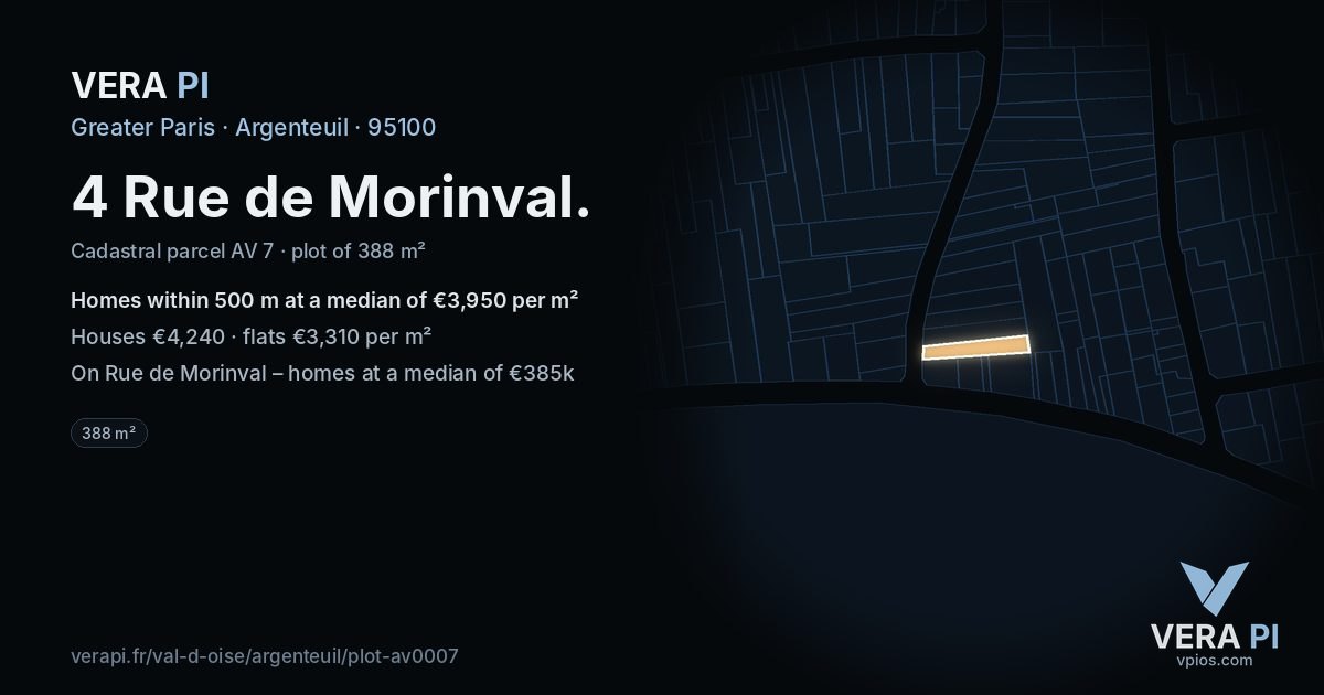 4 Rue de Morinval, Argenteuil at night – the plot lit, the parcels around coloured by the prices near them