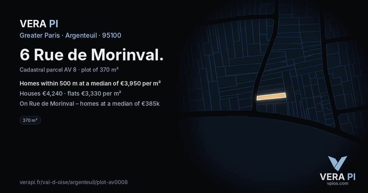 6 Rue de Morinval, Argenteuil at night – the plot lit, the parcels around coloured by the prices near them