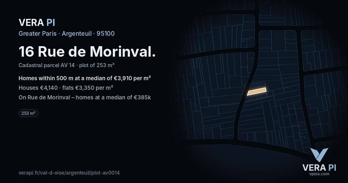 16 Rue de Morinval, Argenteuil at night – the plot lit, the parcels around coloured by the prices near them