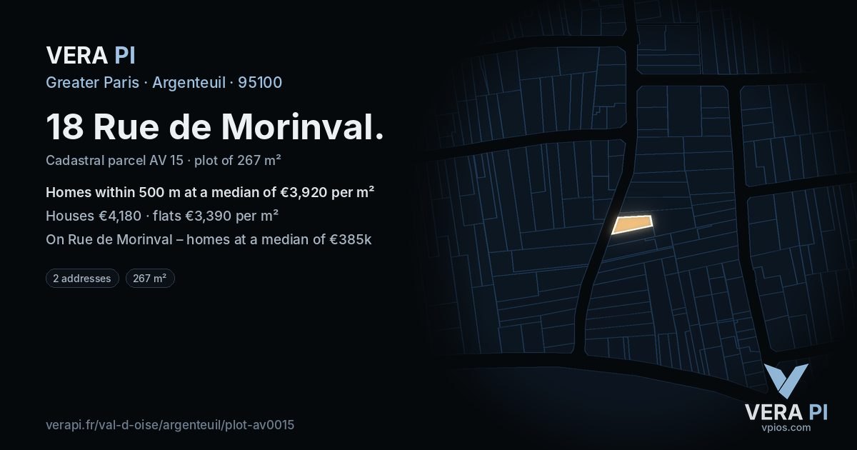 18 Rue de Morinval, Argenteuil at night – the plot lit, the parcels around coloured by the prices near them