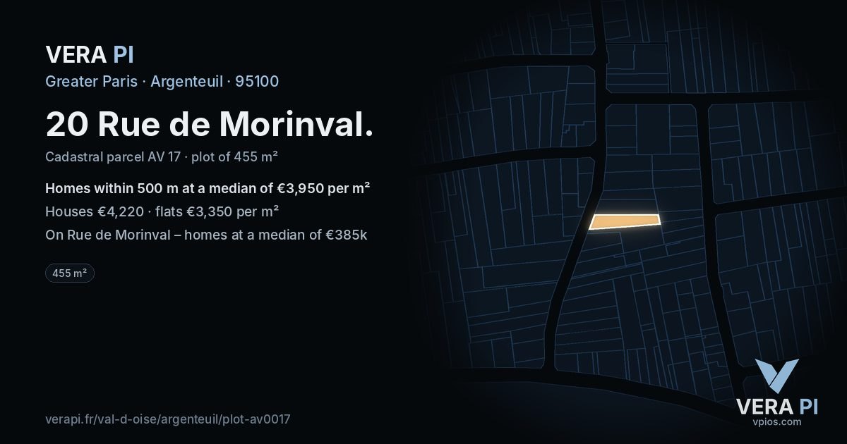 20 Rue de Morinval, Argenteuil at night – the plot lit, the parcels around coloured by the prices near them