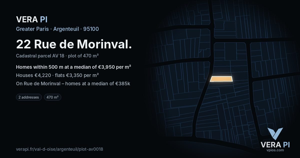 22 Rue de Morinval, Argenteuil at night – the plot lit, the parcels around coloured by the prices near them