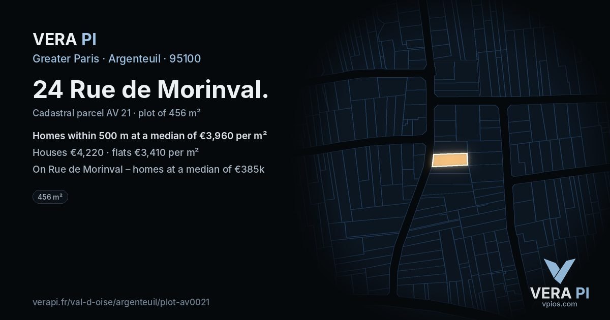 24 Rue de Morinval, Argenteuil at night – the plot lit, the parcels around coloured by the prices near them