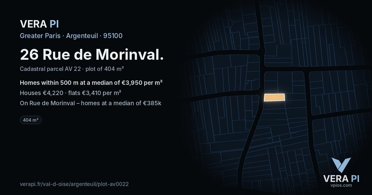 26 Rue de Morinval, Argenteuil at night – the plot lit, the parcels around coloured by the prices near them