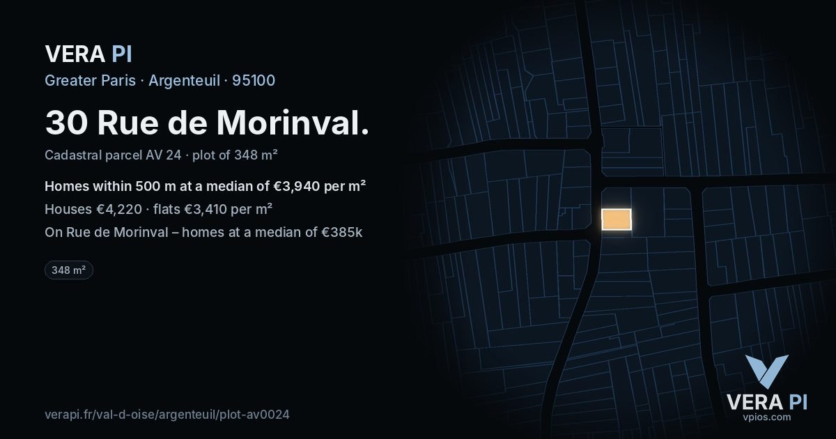 30 Rue de Morinval, Argenteuil at night – the plot lit, the parcels around coloured by the prices near them