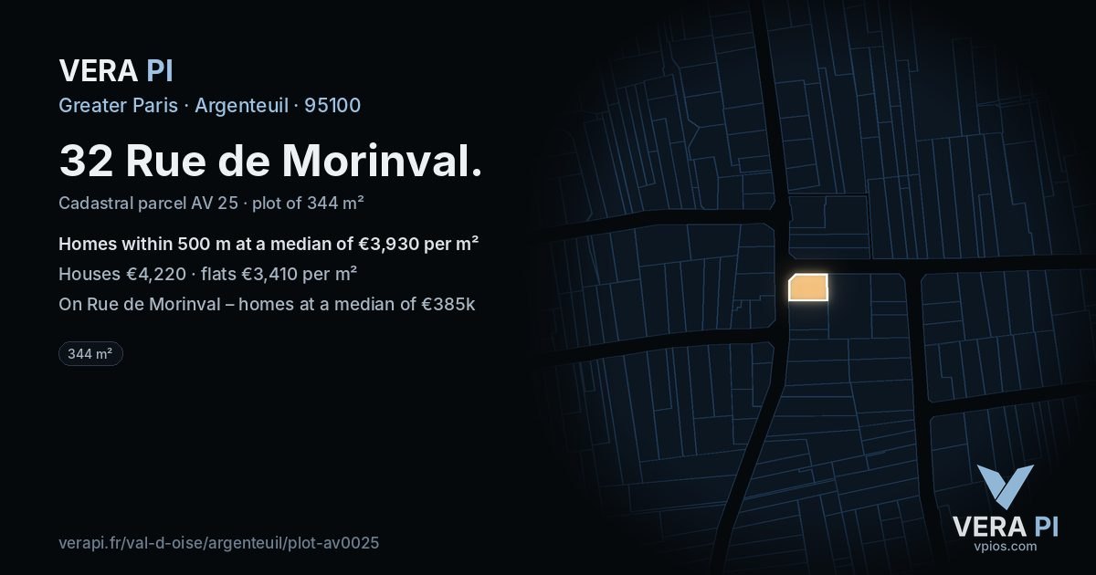 32 Rue de Morinval, Argenteuil at night – the plot lit, the parcels around coloured by the prices near them