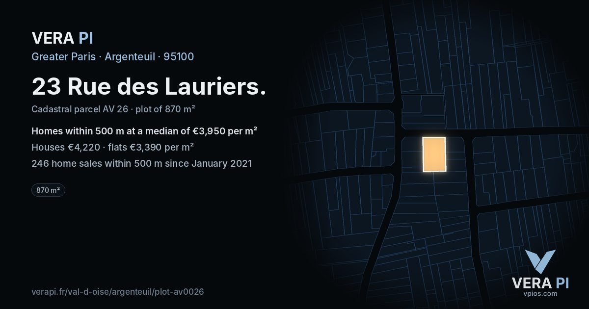 23 Rue des Lauriers, Argenteuil at night – the plot lit, the parcels around coloured by the prices near them