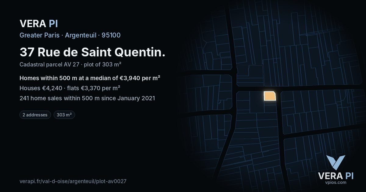 37 Rue de Saint Quentin, Argenteuil at night – the plot lit, the parcels around coloured by the prices near them