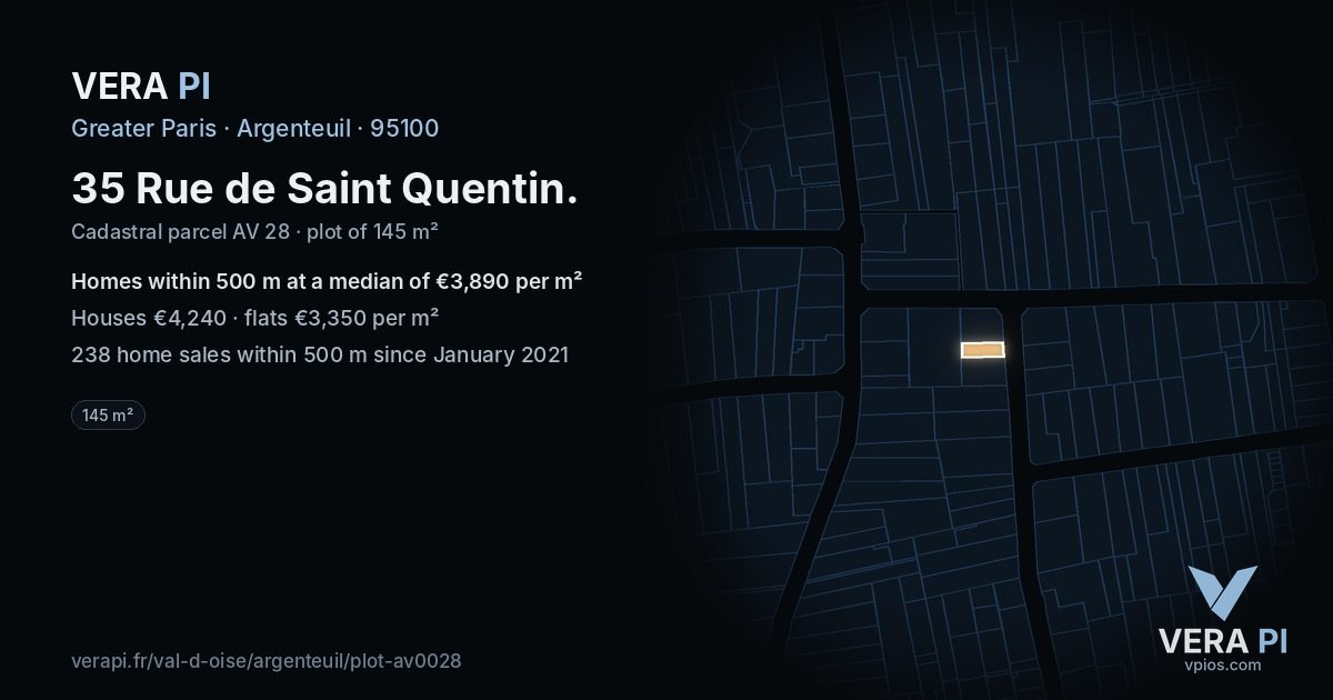 35 Rue de Saint Quentin, Argenteuil at night – the plot lit, the parcels around coloured by the prices near them