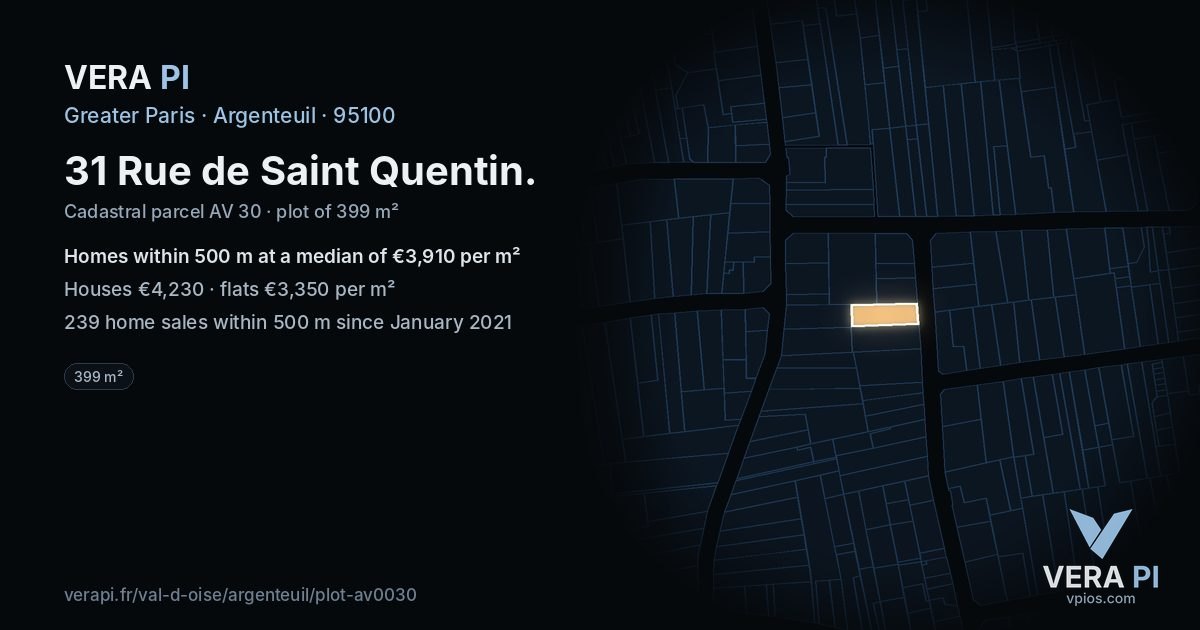 31 Rue de Saint Quentin, Argenteuil at night – the plot lit, the parcels around coloured by the prices near them