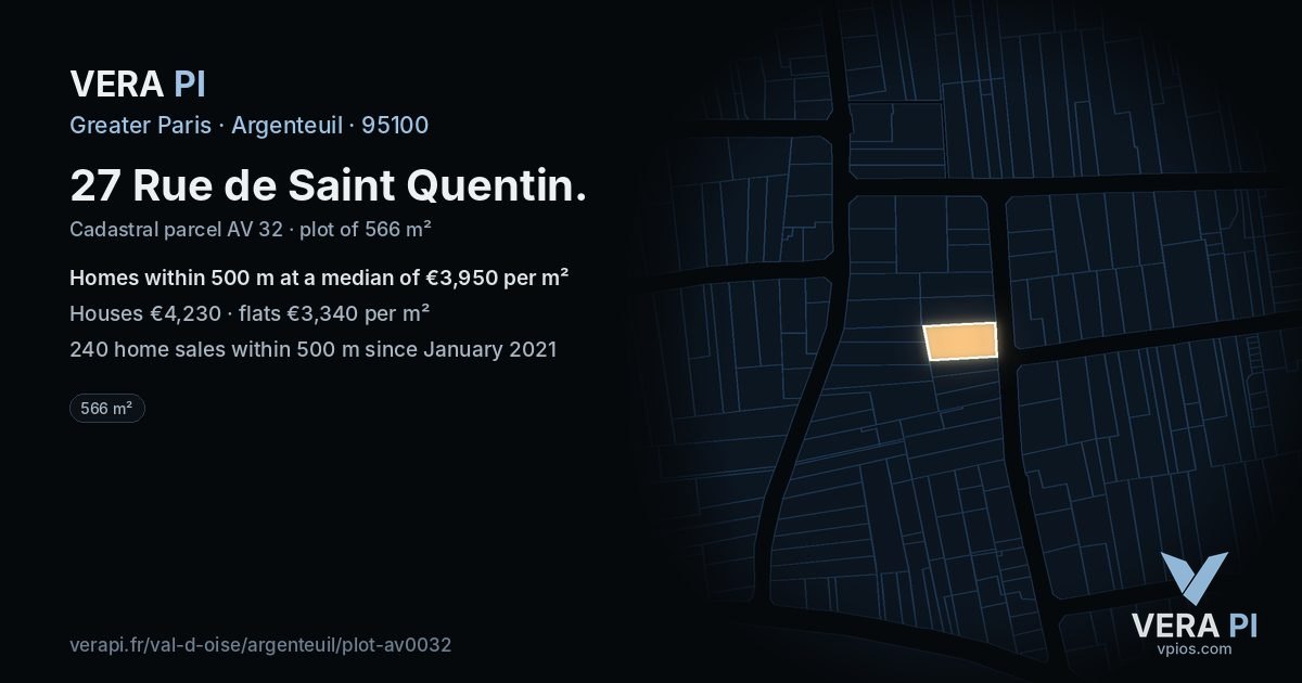 27 Rue de Saint Quentin, Argenteuil at night – the plot lit, the parcels around coloured by the prices near them