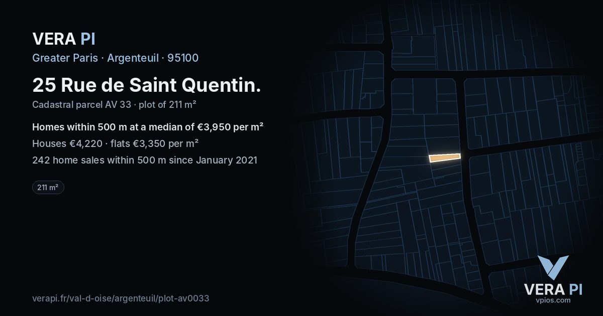 25 Rue de Saint Quentin, Argenteuil at night – the plot lit, the parcels around coloured by the prices near them