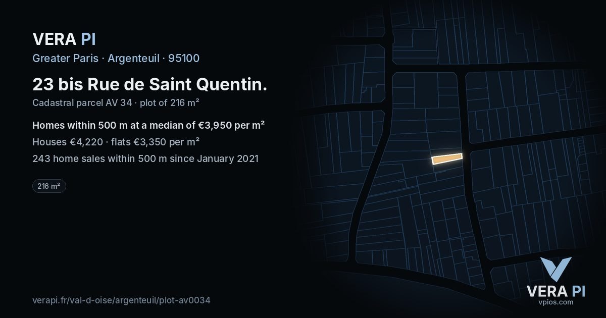 23 bis Rue de Saint Quentin, Argenteuil at night – the plot lit, the parcels around coloured by the prices near them