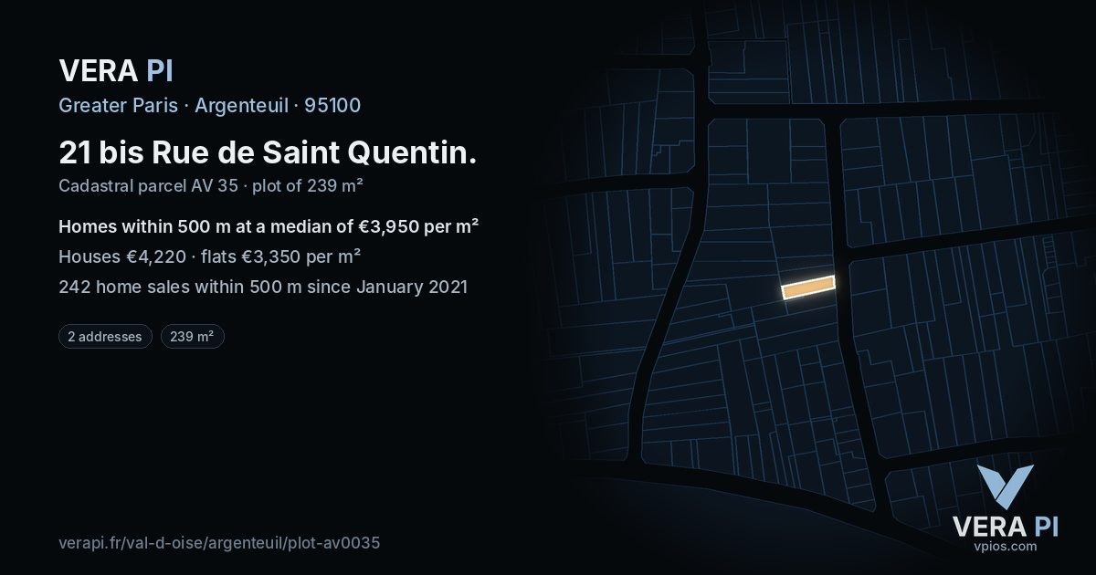 21 bis Rue de Saint Quentin, Argenteuil at night – the plot lit, the parcels around coloured by the prices near them