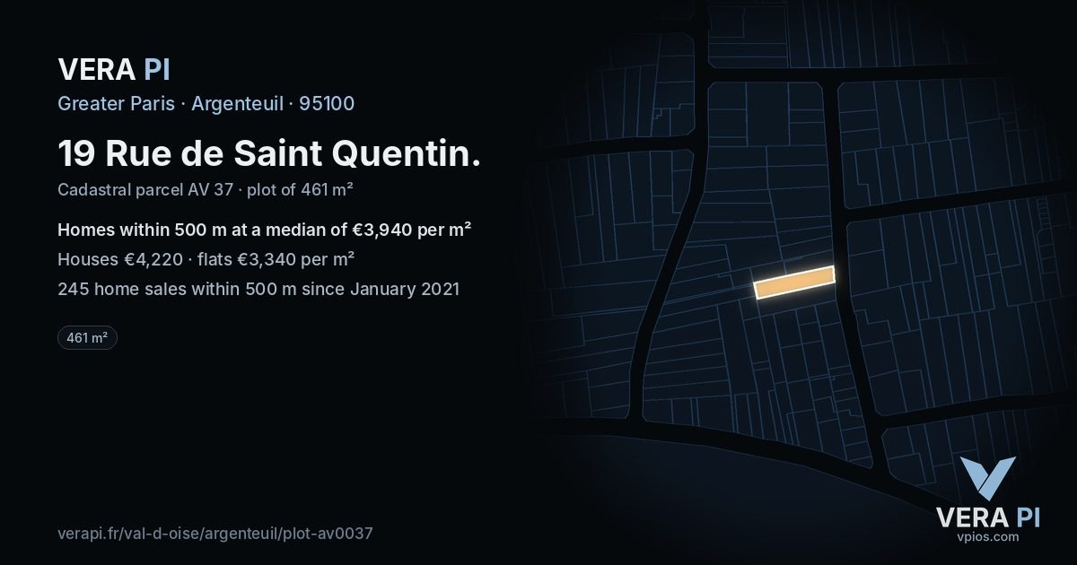 19 Rue de Saint Quentin, Argenteuil at night – the plot lit, the parcels around coloured by the prices near them