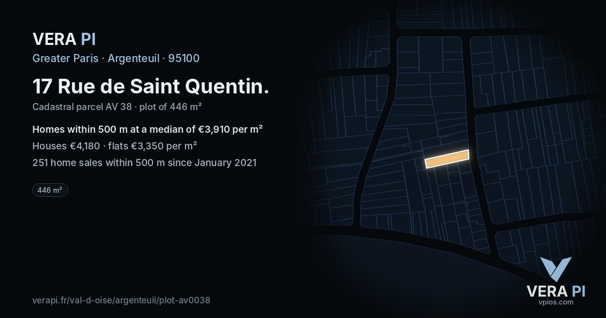 17 Rue de Saint Quentin, Argenteuil at night – the plot lit, the parcels around coloured by the prices near them
