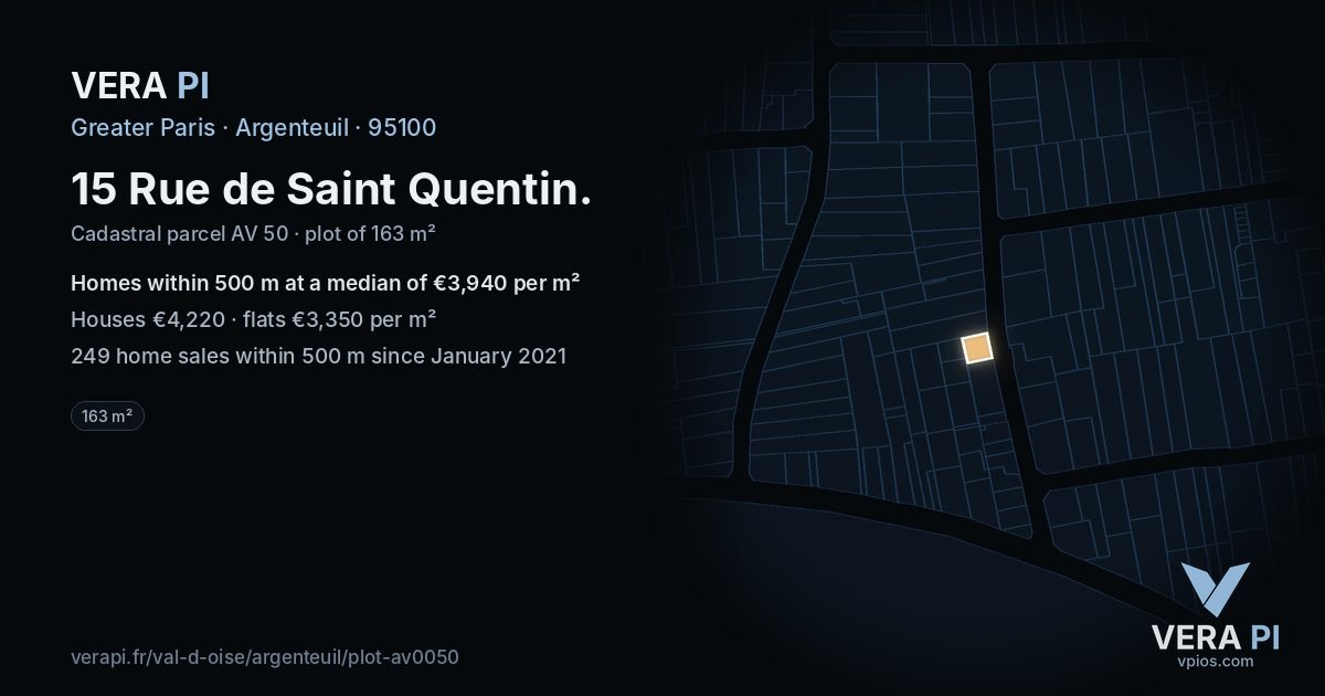 15 Rue de Saint Quentin, Argenteuil at night – the plot lit, the parcels around coloured by the prices near them
