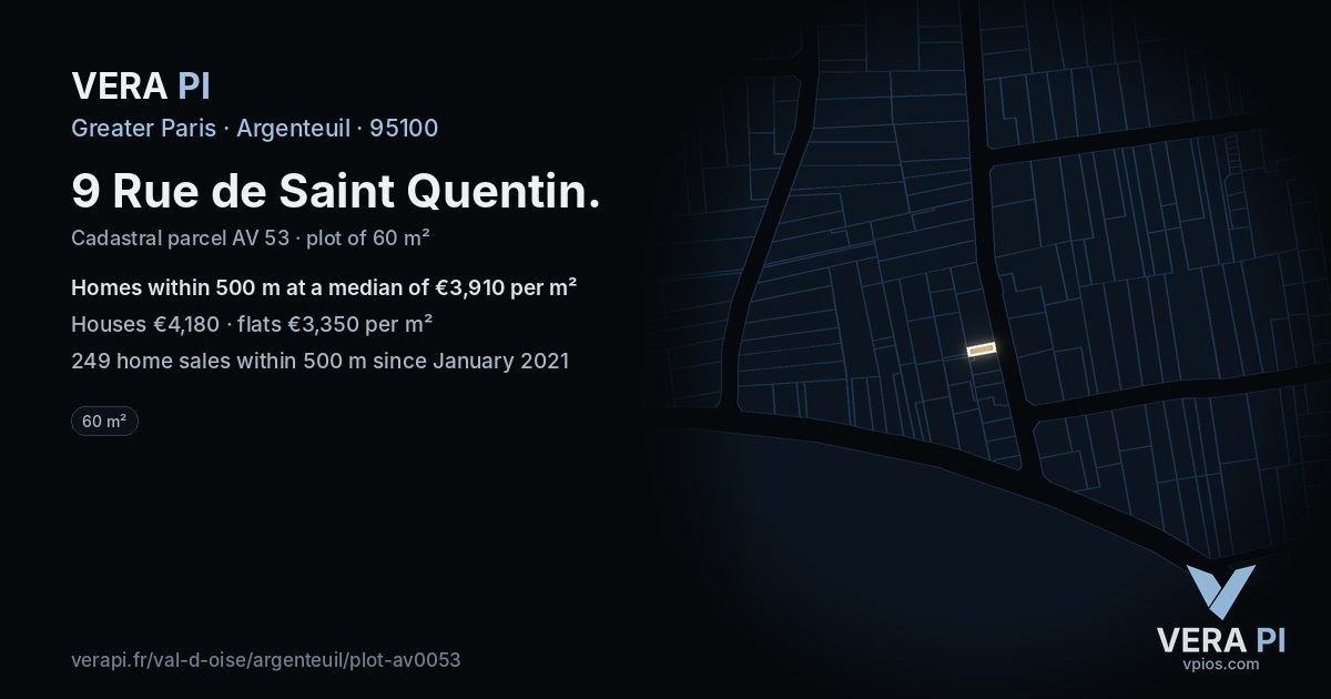 9 Rue de Saint Quentin, Argenteuil at night – the plot lit, the parcels around coloured by the prices near them