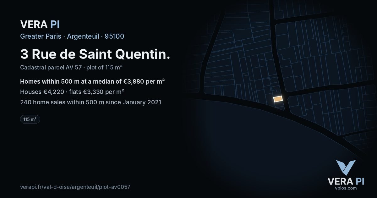 3 Rue de Saint Quentin, Argenteuil at night – the plot lit, the parcels around coloured by the prices near them