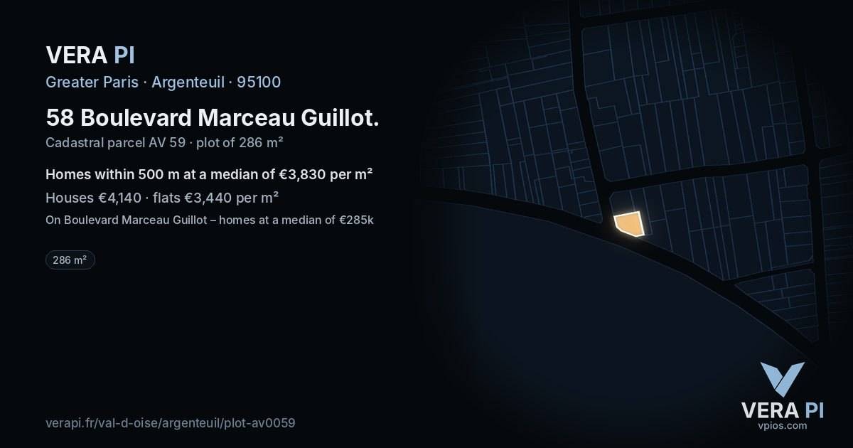 58 Boulevard Marceau Guillot, Argenteuil at night – the plot lit, the parcels around coloured by the prices near them