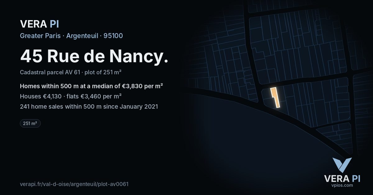 45 Rue de Nancy, Argenteuil at night – the plot lit, the parcels around coloured by the prices near them