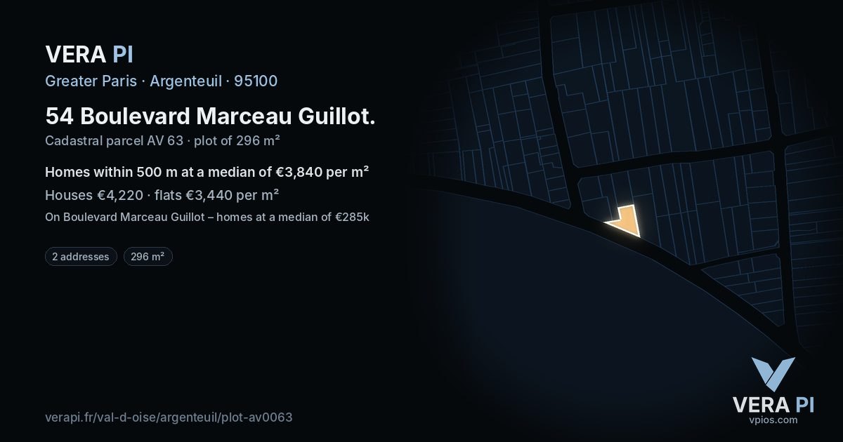 54 Boulevard Marceau Guillot, Argenteuil at night – the plot lit, the parcels around coloured by the prices near them
