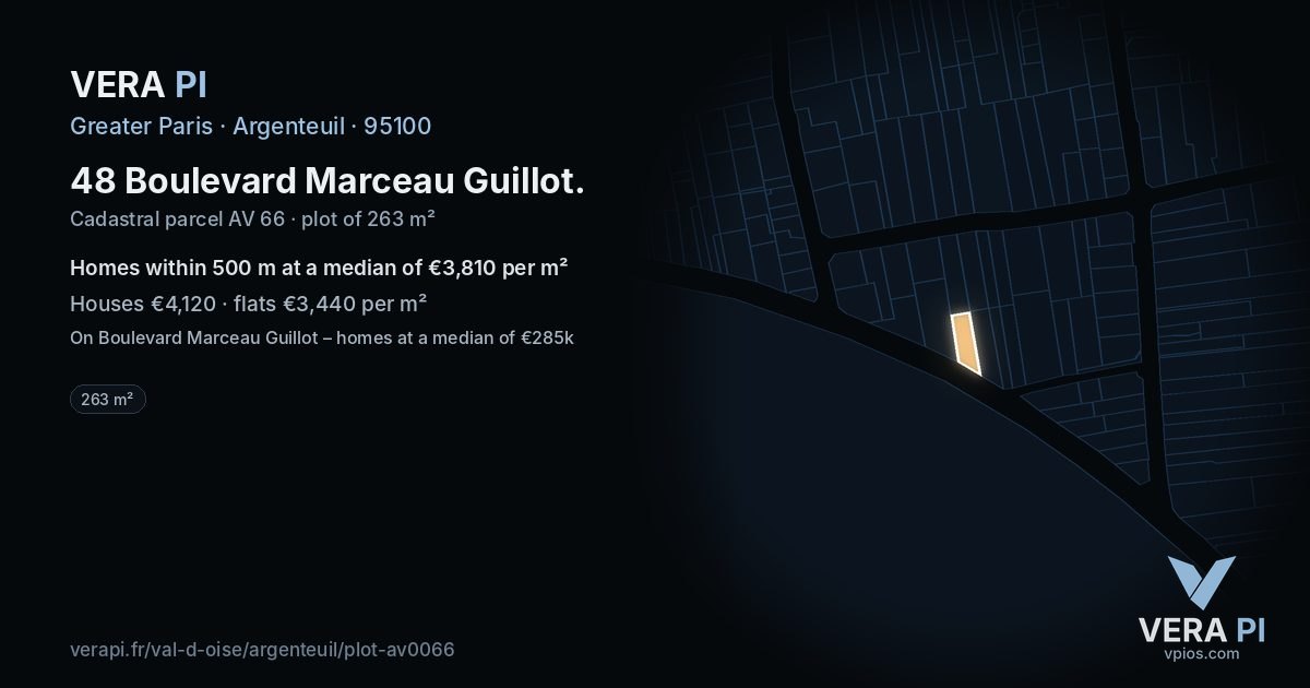 48 Boulevard Marceau Guillot, Argenteuil at night – the plot lit, the parcels around coloured by the prices near them