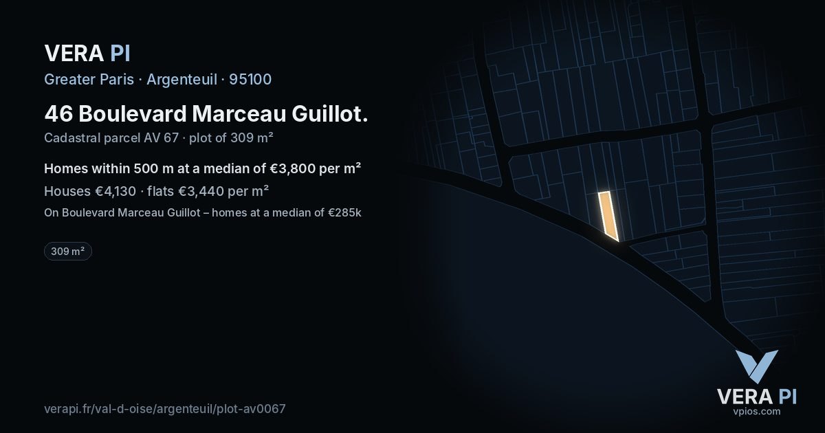 46 Boulevard Marceau Guillot, Argenteuil at night – the plot lit, the parcels around coloured by the prices near them