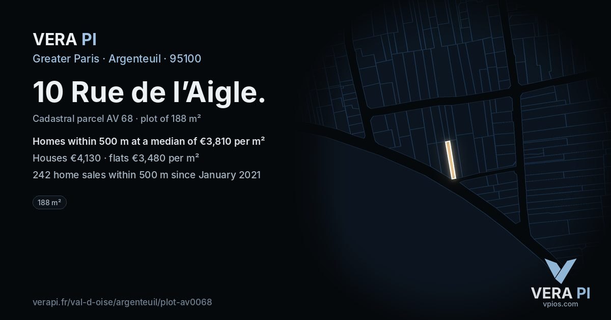 10 Rue de l’Aigle, Argenteuil at night – the plot lit, the parcels around coloured by the prices near them