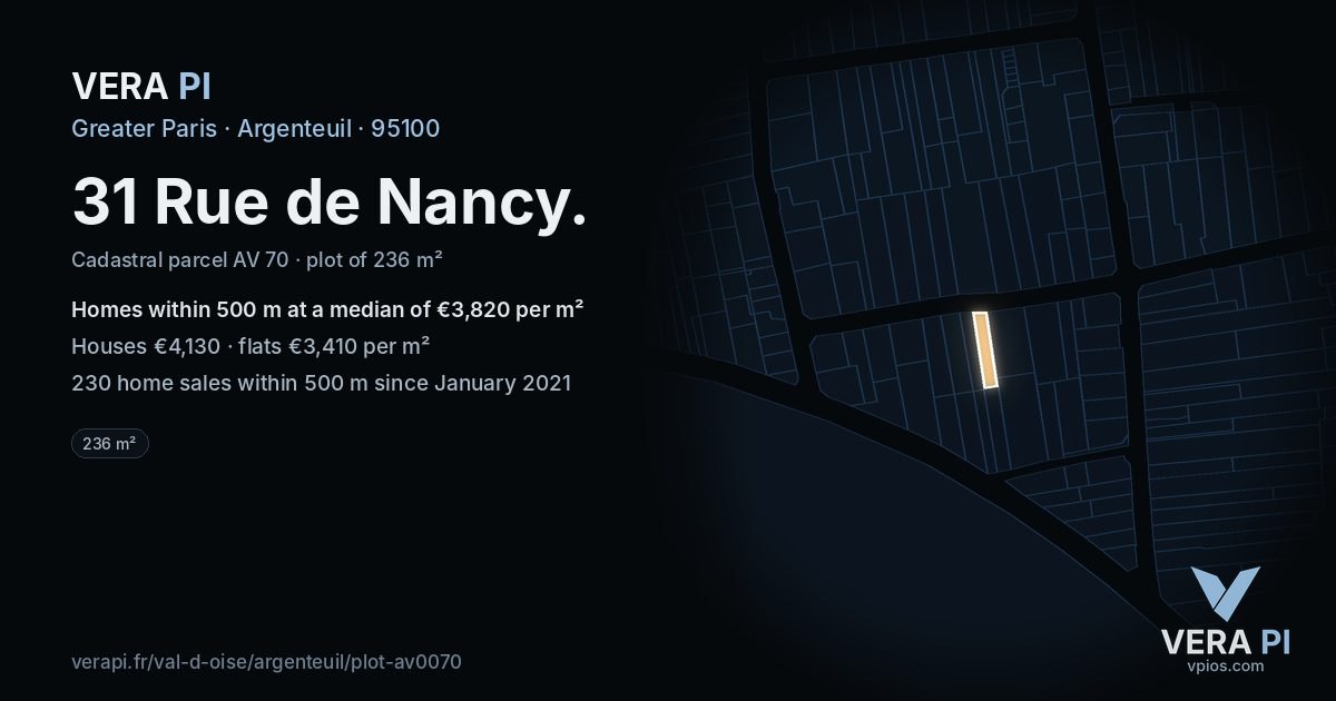 31 Rue de Nancy, Argenteuil at night – the plot lit, the parcels around coloured by the prices near them