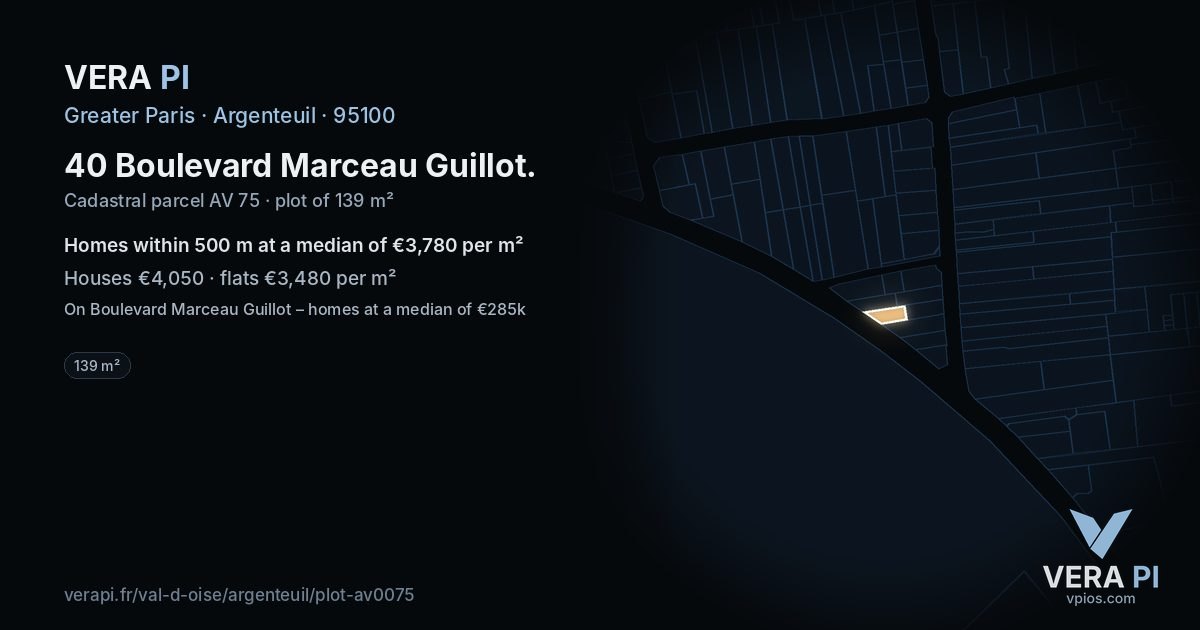 40 Boulevard Marceau Guillot, Argenteuil at night – the plot lit, the parcels around coloured by the prices near them