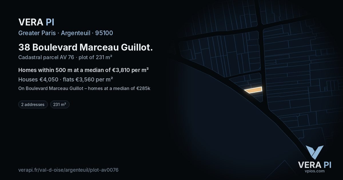 38 Boulevard Marceau Guillot, Argenteuil at night – the plot lit, the parcels around coloured by the prices near them
