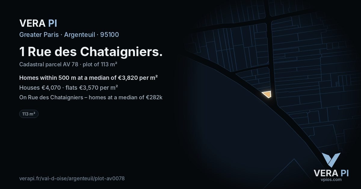 1 Rue des Chataigniers, Argenteuil at night – the plot lit, the parcels around coloured by the prices near them