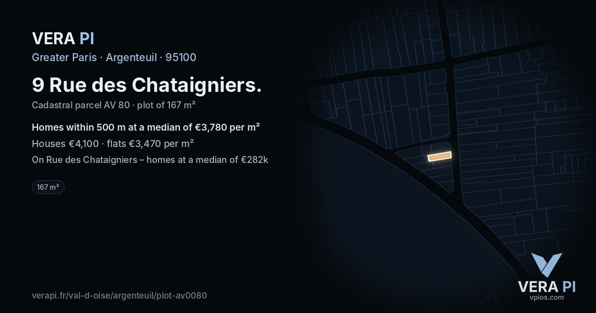 9 Rue des Chataigniers, Argenteuil at night – the plot lit, the parcels around coloured by the prices near them